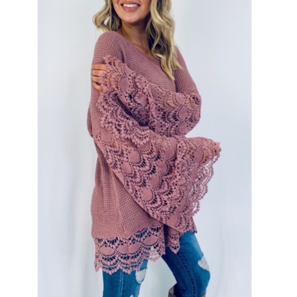 boho mauve embroidered lace bell sleeve top - Picture 3 of 4